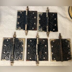 5 Matching Antique Steeple Tip 4.5” Cast Iron Door Hinges Heavy! Pat April 1877